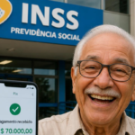 Imagem de uma pessoa em primeiro plano segurando um smartphone diante de uma agência do INSS (Previdência Social). Na tela do celular aparece a mensagem “Pix” e “Pagamento recebido R$ 70.000,00”, acompanhada de um ícone de confirmação verde. Ao fundo, é visível a fachada da unidade com a placa azul contendo o texto “INSS Previdência Social”. Há um logotipo branco no canto superior direito da imagem.
