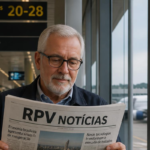 Homem lendo jornal RPV Notícias no aeroporto.