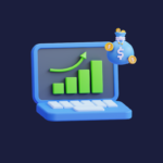 Laptop com gráfico de crescimento e saco de dinheiro, ilustrando aumento de precatórios.