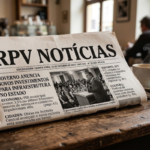 Jornal impresso com a manchete “RPV Notícias” apoiado sobre uma mesa de madeira em uma cafeteria. Ao lado do jornal há uma xícara de café quente soltando vapor. O ambiente ao fundo está desfocado, com pessoas sentadas e iluminação aconchegante, remetendo a um local de leitura e notícias.