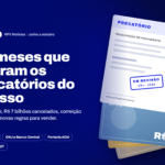 Arte gráfica em fundo azul-escuro com o selo “EDITORIAL • RPV Notícias · Junho a outubro”. À esquerda, em destaque, o título: “Os meses que viraram os precatórios do avesso”. Logo abaixo, o texto complementar: “Caso Master, R$ 7 bilhões cancelados, correição nos TRFs e novas regras para vender.” Na parte inferior esquerda, há quatro marcadores temáticos: “Caso Master”, “CNJ e Banco Central”, “Portaria AGU” e “Orçamento 2027”.