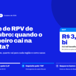 Arte informativa sobre lote de RPV (Requisição de Pequeno Valor) referente a outubro de 2026. Em fundo azul, o título principal diz: “Lote de RPV de outubro: quando o dinheiro cai na conta?”. Abaixo, o subtítulo informa: “Quem recebe, quanto vai para cada região e como sacar”.