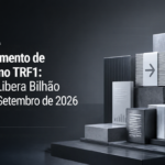 Arte gráfica institucional sobre pagamento de RPV no TRF1. À esquerda, em fundo escuro com gradiente azul e cinza, aparece o texto: “RPV Notícias – Pagamento de RPV no TRF1: CJF Libera Bilhão Para Setembro de 2026”. À direita, há uma composição tridimensional de blocos e documentos empilhados em tons de cinza, com um ícone de seta apontando para a direita em destaque. O design possui estilo moderno e tecnológico, com iluminação suave, elementos geométricos e acabamento metálico. Logo discreto no canto superior direito.