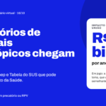 Card informativo em fundo azul com o título em destaque: “Precatórios de hospitais filantrópicos chegam ao STF”. No topo, aparece a categoria “Notícia”, seguida de “STF · Plenário virtual · 16/10”. Abaixo do título, o texto: “A disputa entre Tunep e Tabela do SUS que pode mexer no orçamento da Saúde.” À direita, um quadro branco informa: “Impacto estimado pela União: R$ 24 bi por ano”, seguido da observação de que está em jogo a repercussão geral do tema para casos semelhantes. Na parte inferior, a chamada: “O que muda para quem tem precatório ou RPV”.